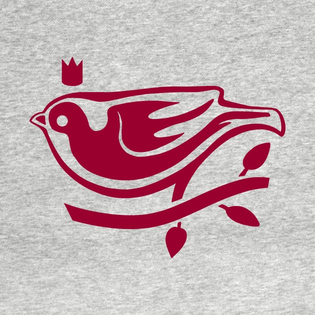 Art for bird fans. Stylized, minimal sparrow with crown with read ink by croquis design